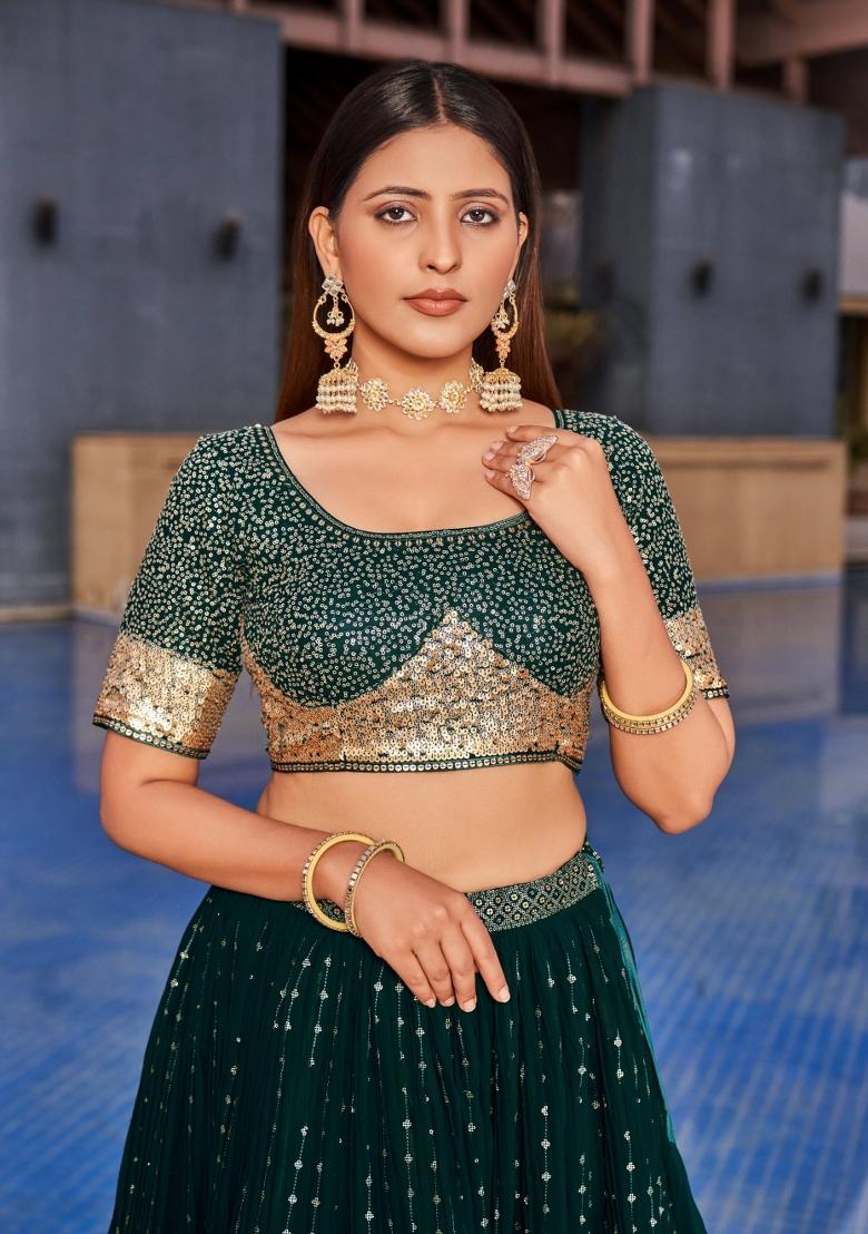 Green Embroidered Georgette Lehenga Choli Set - Indya