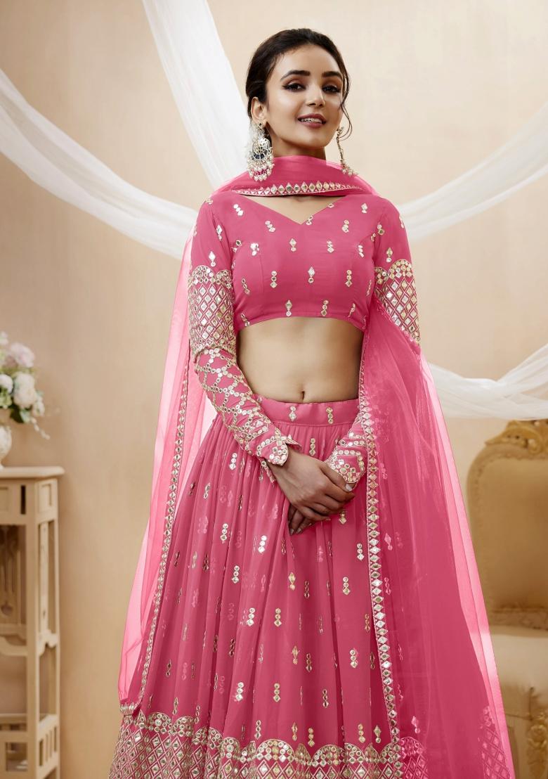 Pink Embroidered Georgette Lehenga Choli Set