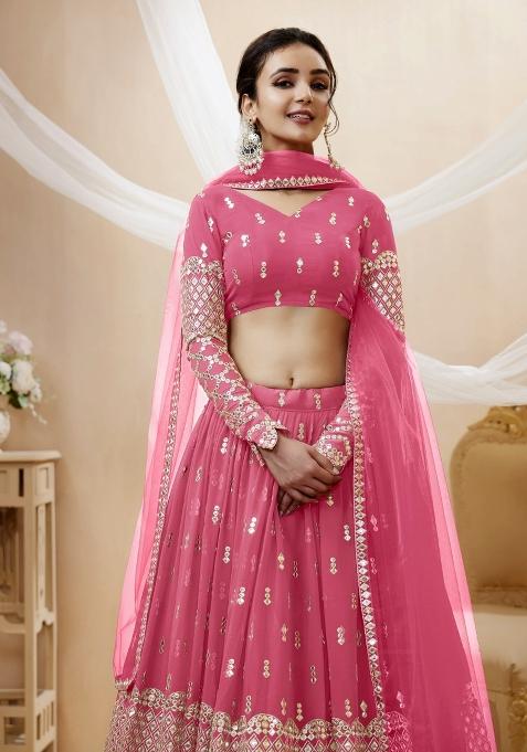 Pink Embroidered Georgette Lehenga Choli Set