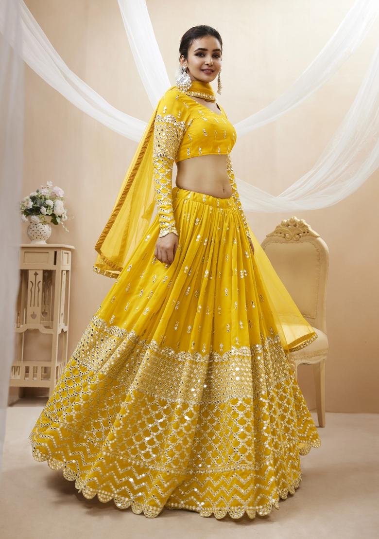 Yellow Embroidered Georgette Lehenga Choli Set - Indya