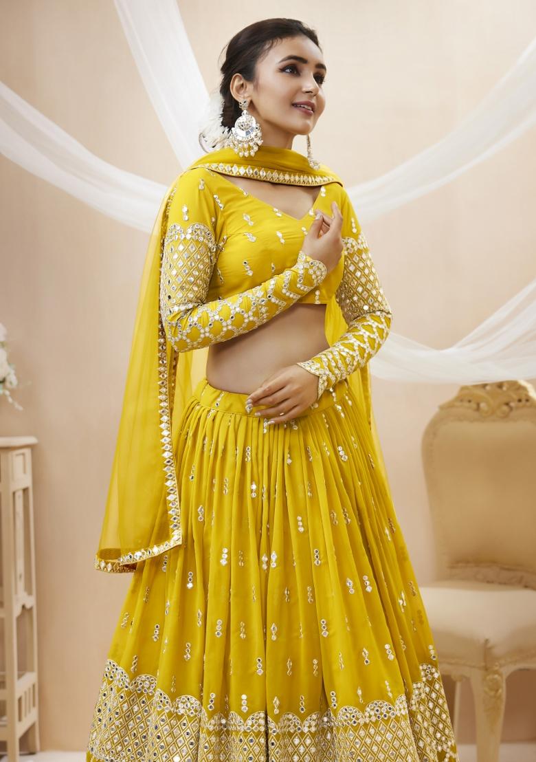 Yellow Embroidered Georgette Lehenga Choli Set - Indya