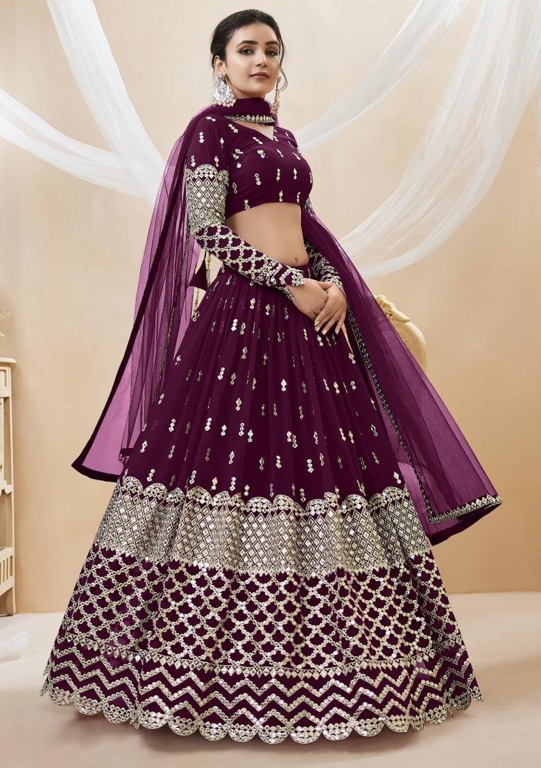Wine Embroidered Georgette Lehenga Choli Set - Indya