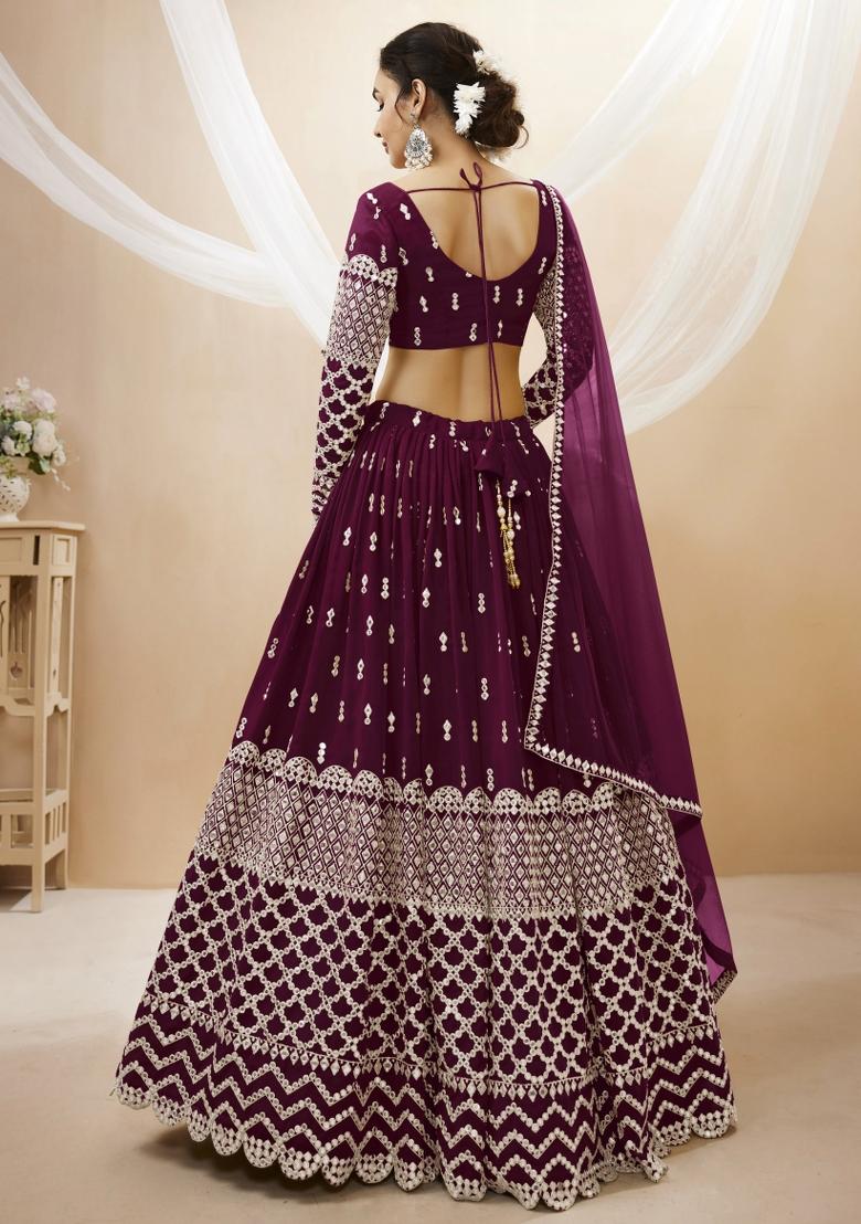Wine Embroidered Georgette Lehenga Choli Set