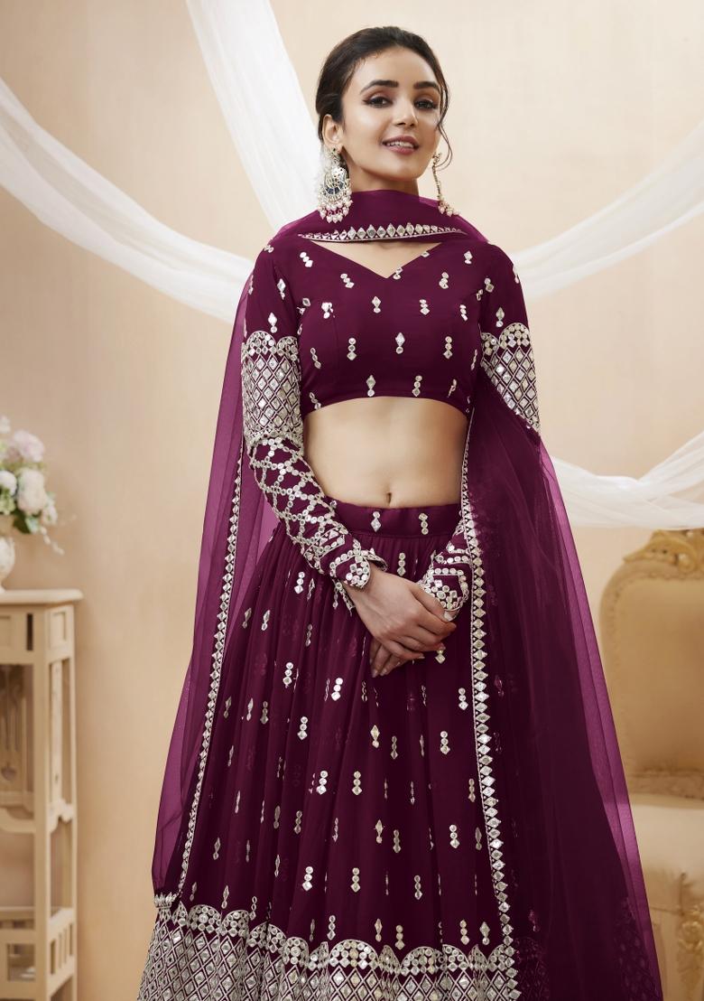 Wine Embroidered Georgette Lehenga Choli Set - Indya