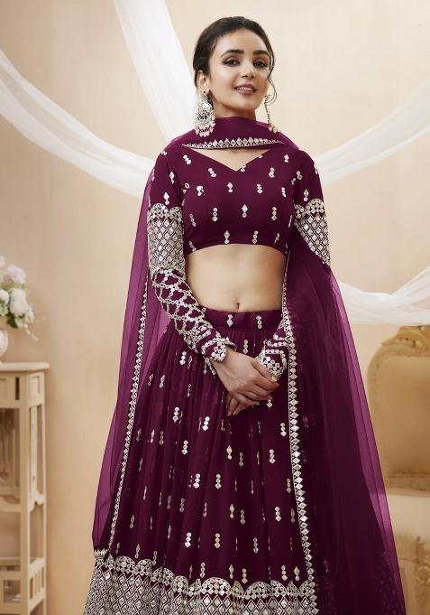 Wine Embroidered Georgette Lehenga Choli Set