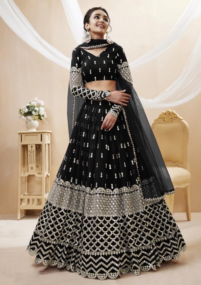 Black Embroidered Georgette Lehenga Choli Set - Indya