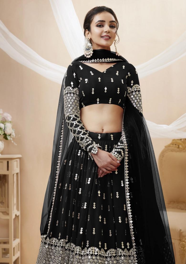 Black Embroidered Georgette Lehenga Choli Set - Indya