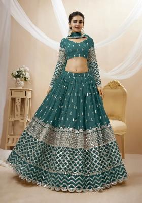 Teal Blue Embroidered Georgette Lehenga Choli Set