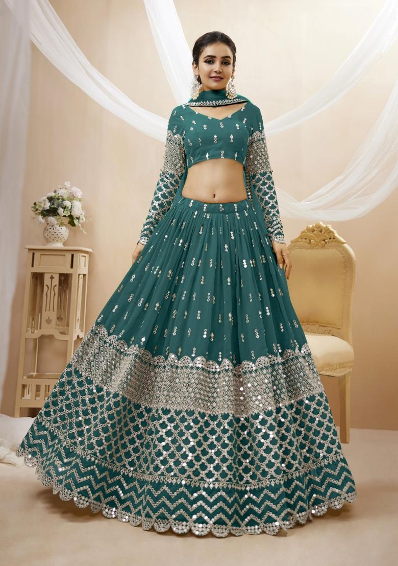 Teal Blue Embroidered Georgette Lehenga Choli Set