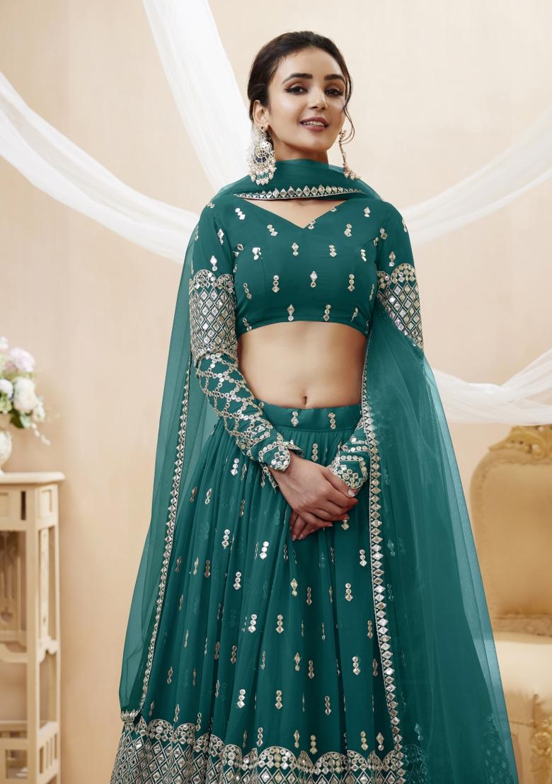 Teal Blue Embroidered Georgette Lehenga Choli Set