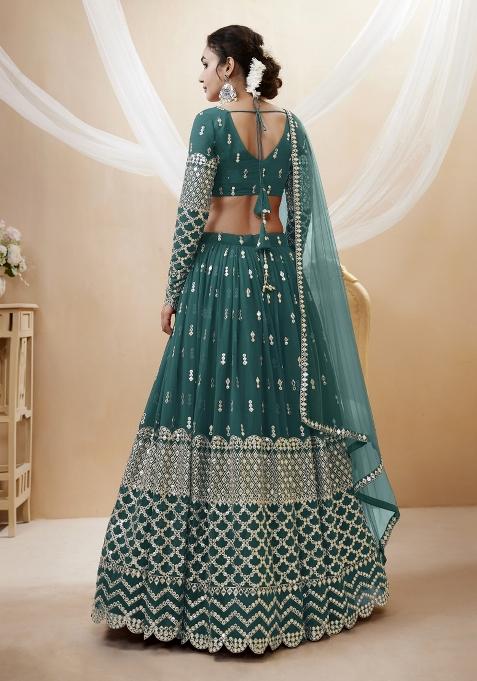 Teal Blue Embroidered Georgette Lehenga Choli Set