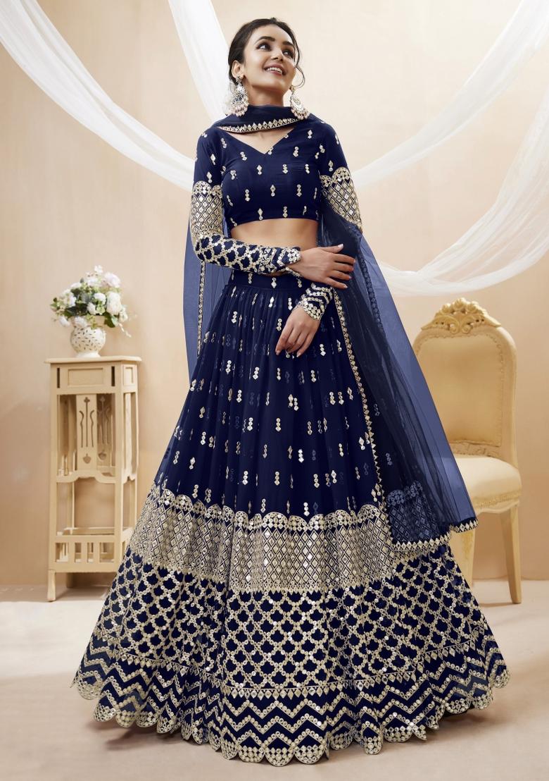 Navy Blue Embroidered Georgette Lehenga Choli Set - Indya