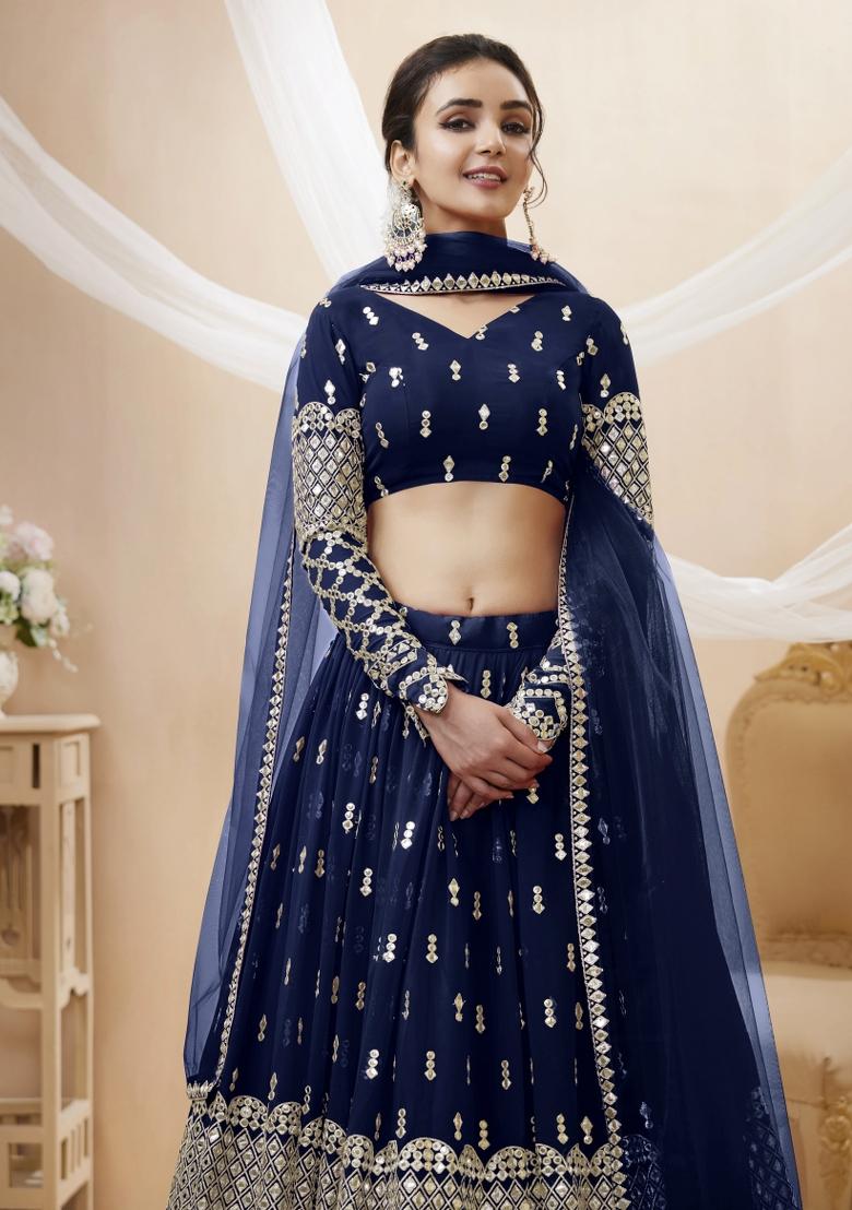 Navy Blue Embroidered Georgette Lehenga Choli Set - Indya