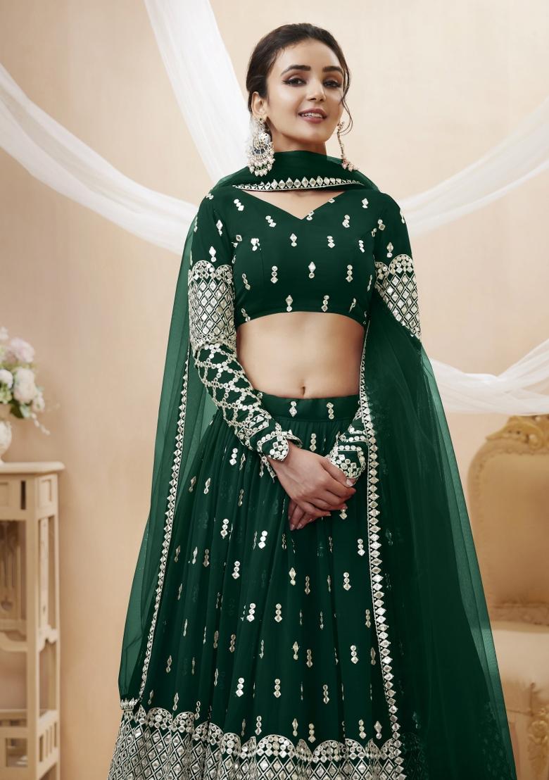 Green Embroidered Georgette Lehenga Choli Set