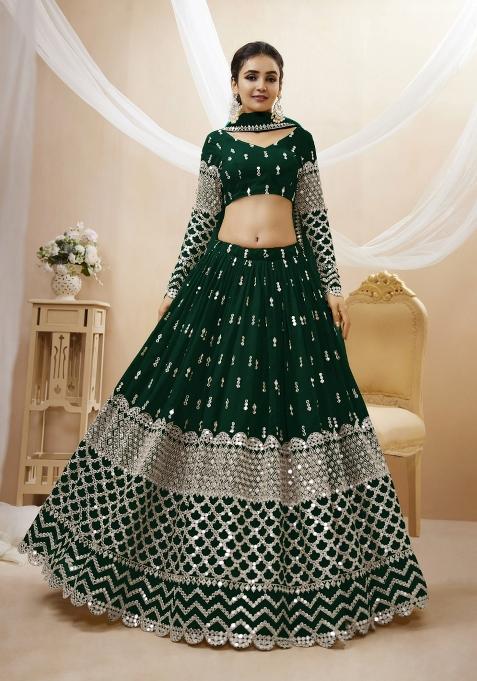 Green Embroidered Georgette Lehenga Choli Set