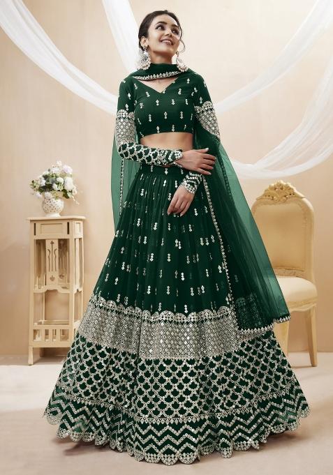 Green Embroidered Georgette Lehenga Choli Set