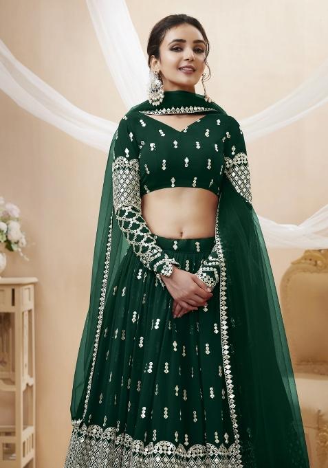 Green Embroidered Georgette Lehenga Choli Set