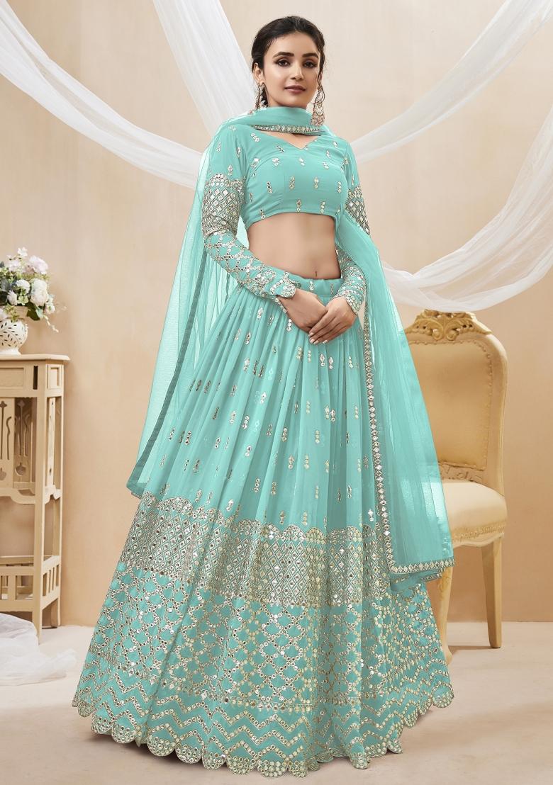 Sky Blue Embroidered Georgette Lehenga Choli Set - Indya