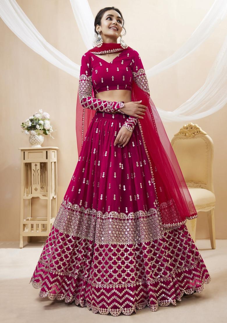 Hot Pink Embroidered Georgette Lehenga Choli Set