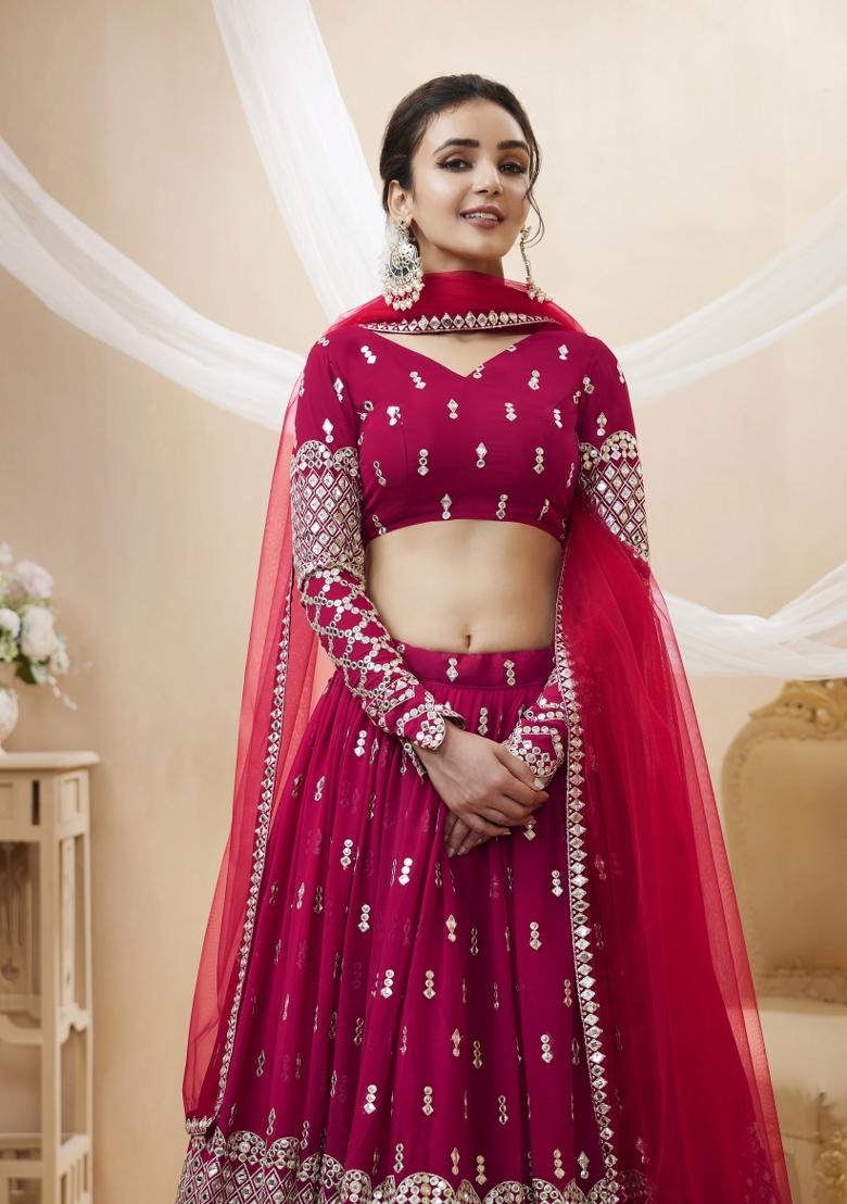 Hot Pink Embroidered Georgette Lehenga Choli Set - Indya
