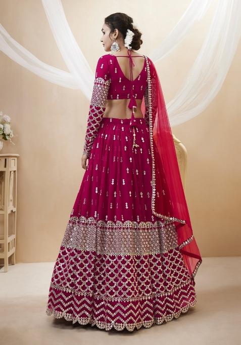 Hot Pink Embroidered Georgette Lehenga Choli Set