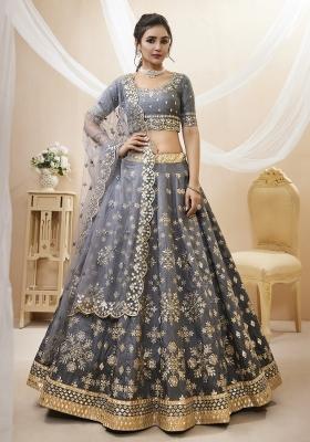 Grey Embroidered Art Silk Lehenga Choli Set