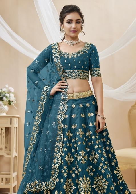 Blue Embroidered Art Silk Lehenga Choli Set