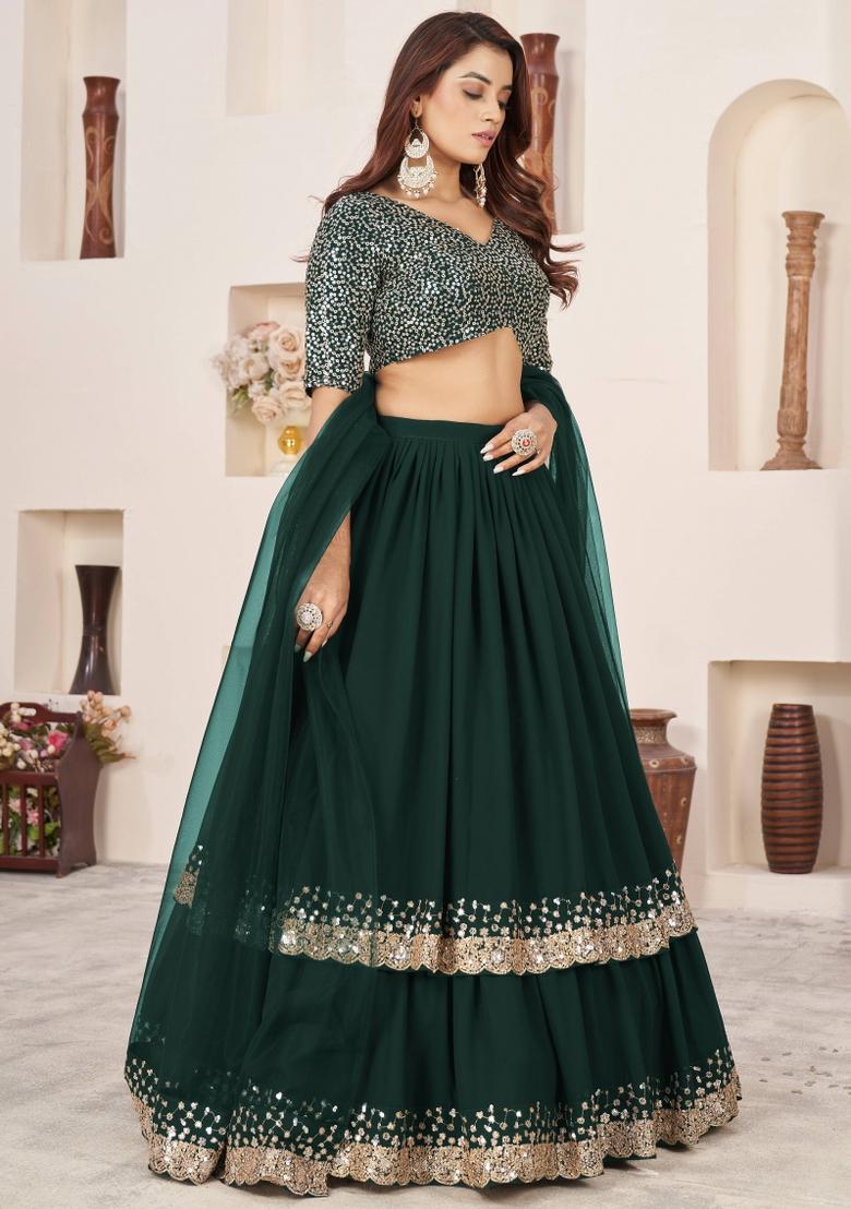 Green Embroidered Georgette Lehenga Choli Set