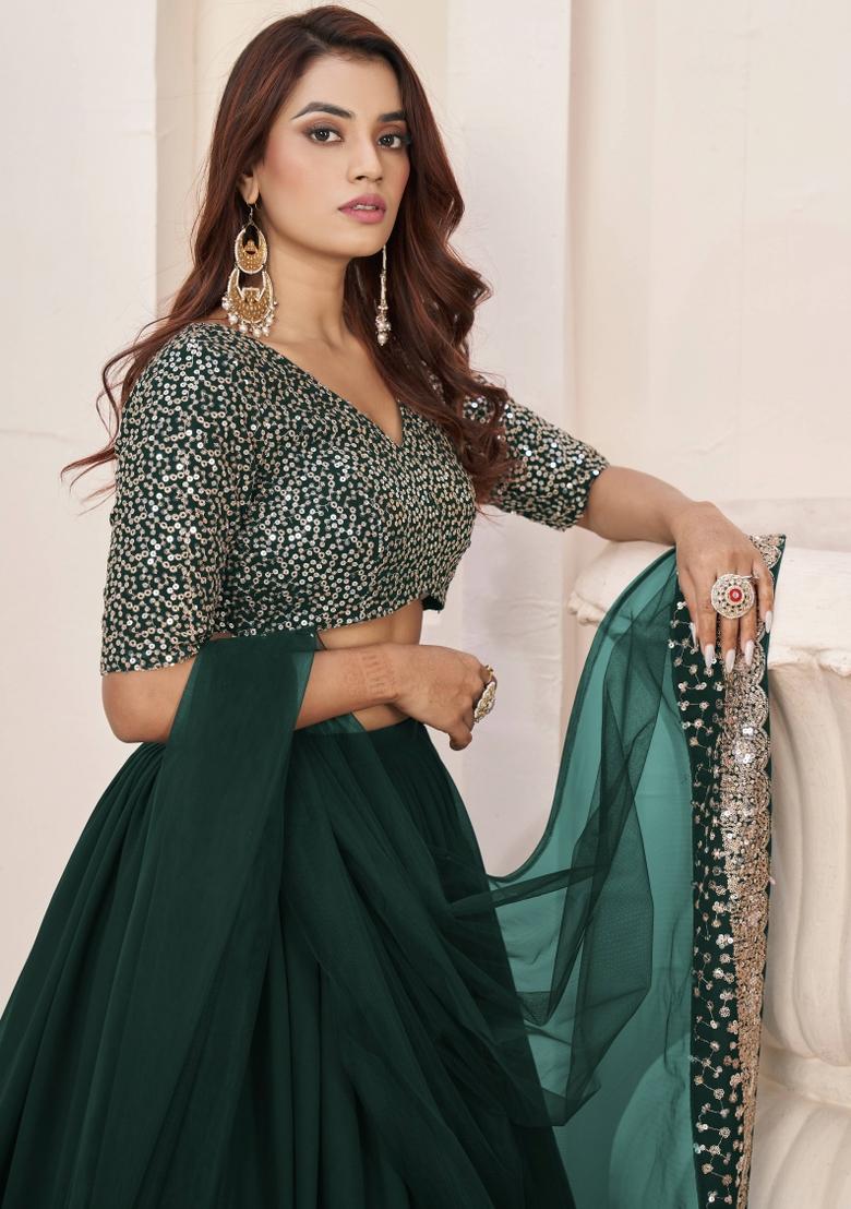 Green Embroidered Georgette Lehenga Choli Set