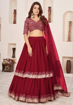 Red Embroidered Georgette Lehenga Choli Set