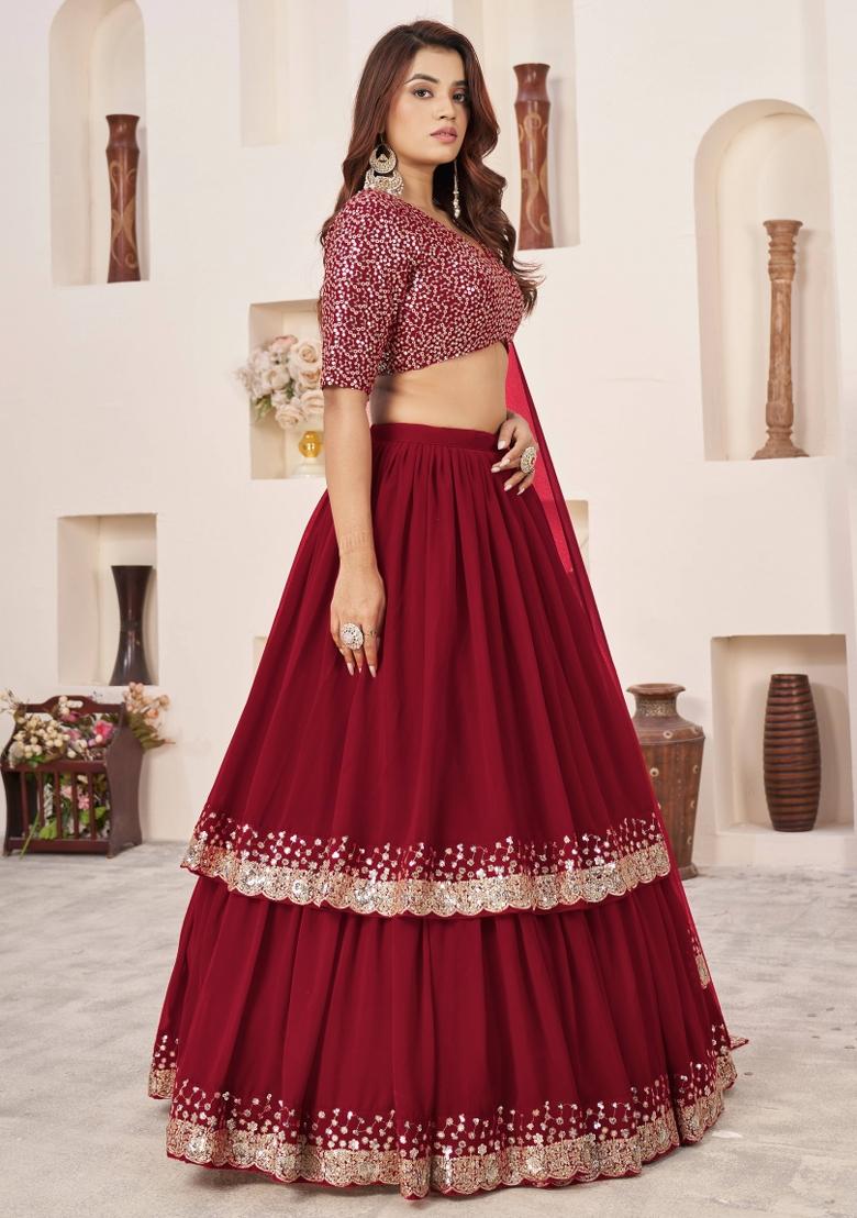 Red Embroidered Georgette Lehenga Choli Set - Indya