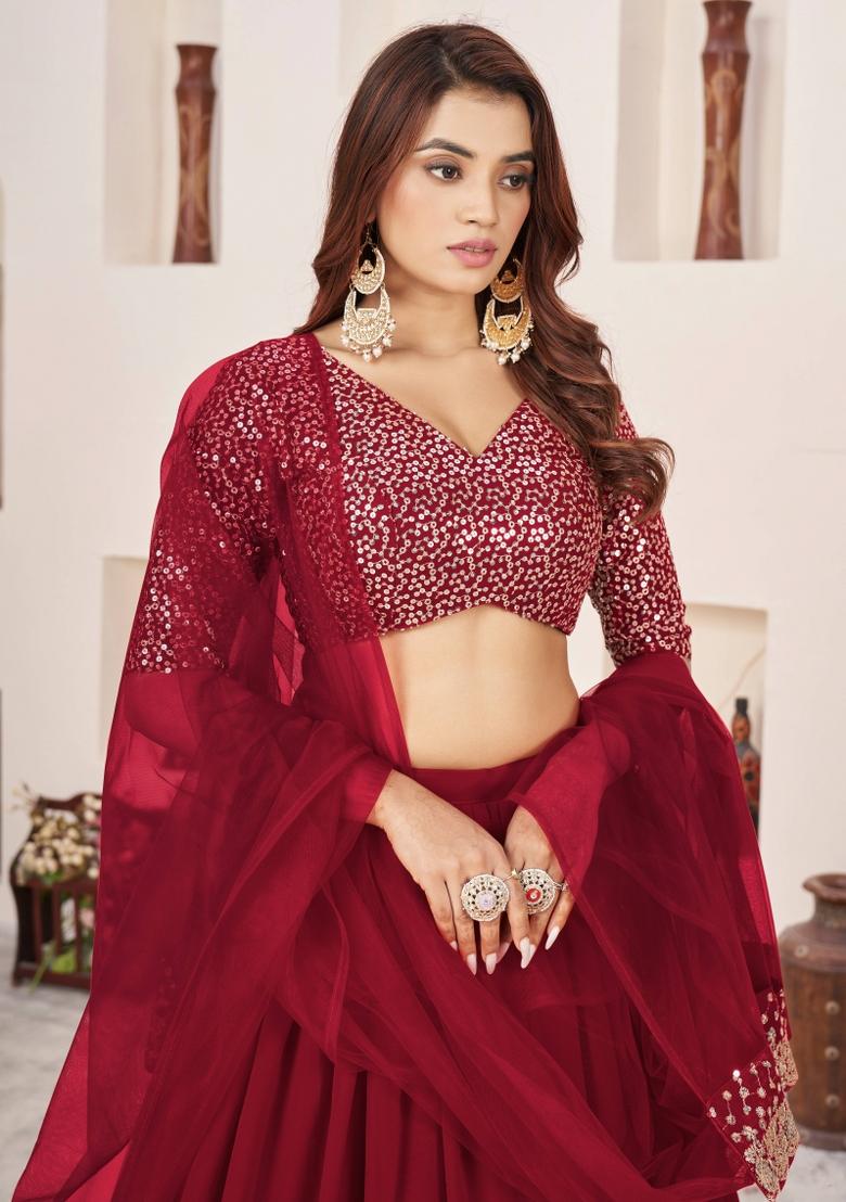 Red Embroidered Georgette Lehenga Choli Set - Indya