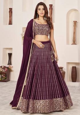Wine Embroidered Georgette Lehenga Choli Set