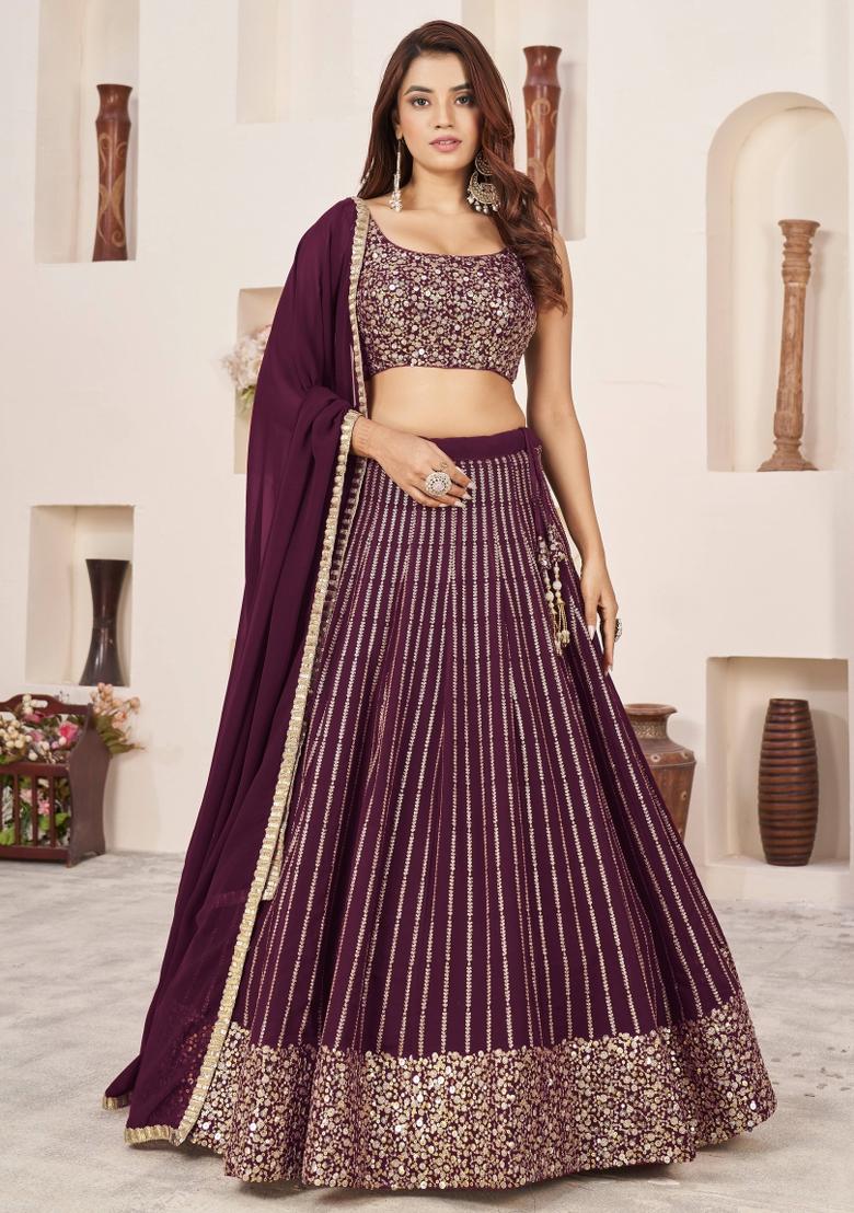 Wine Embroidered Georgette Lehenga Choli Set