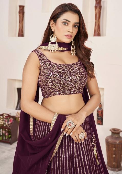 Wine Embroidered Georgette Lehenga Choli Set