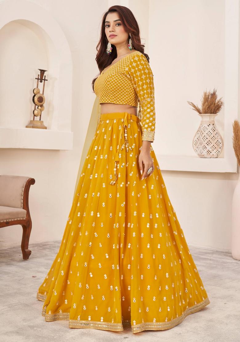 Yellow Embroidered Georgette Lehenga Choli Set - Indya
