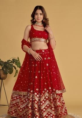 Red Embroidered Soft Net Lehenga Choli Set