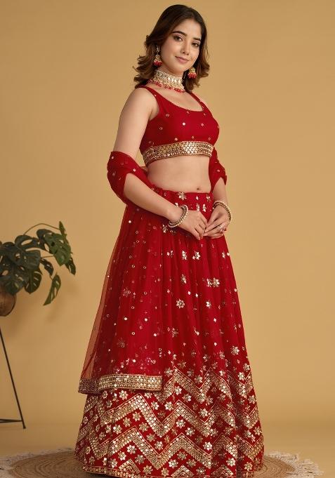 Red Embroidered Soft Net Lehenga Choli Set