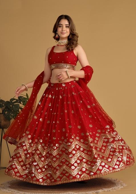 Red Embroidered Soft Net Lehenga Choli Set