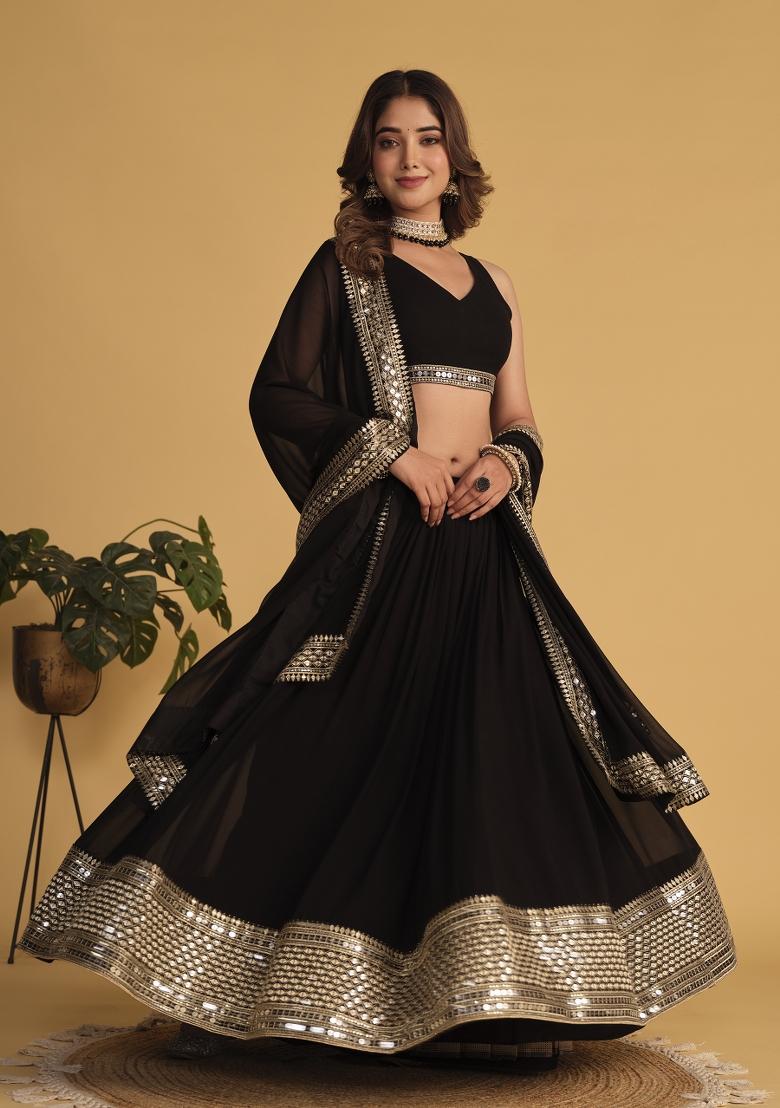 Black Embroidered Georgette Lehenga Choli Set - Indya