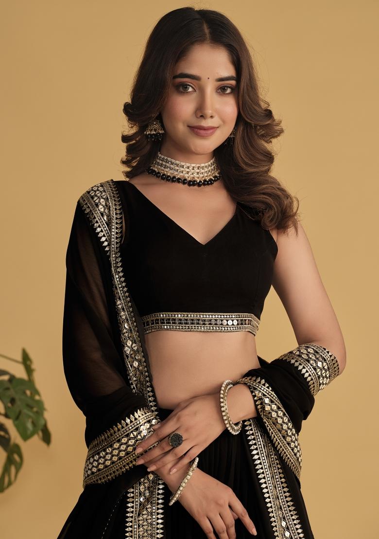 Black Embroidered Georgette Lehenga Choli Set - Indya