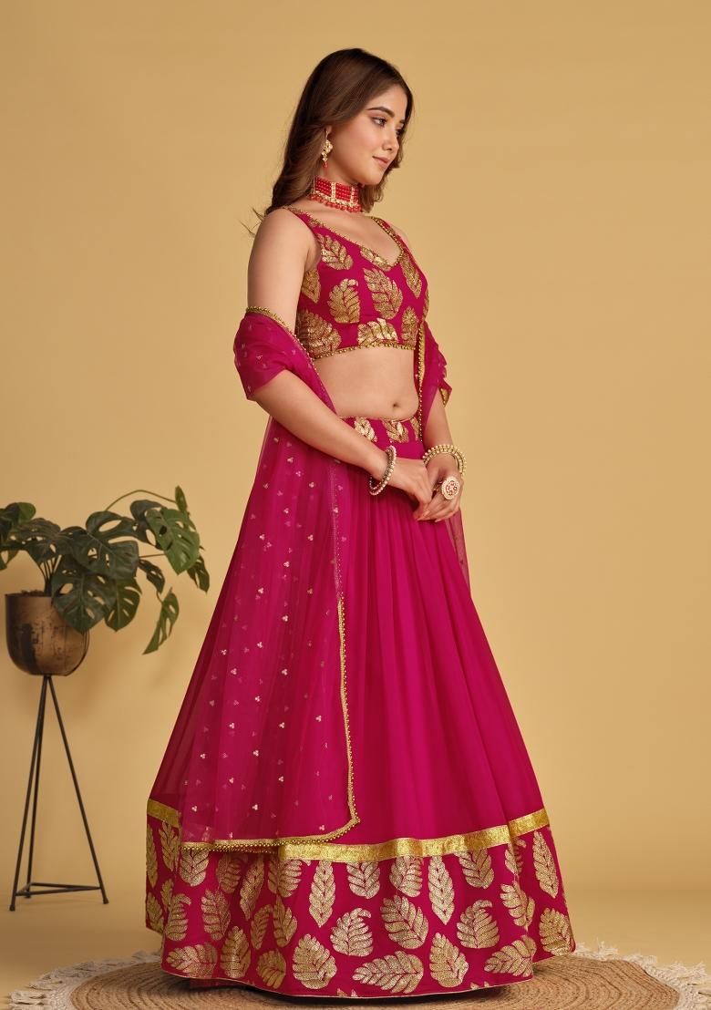 Pink Embroidered Georgette Lehenga Choli Set - Indya