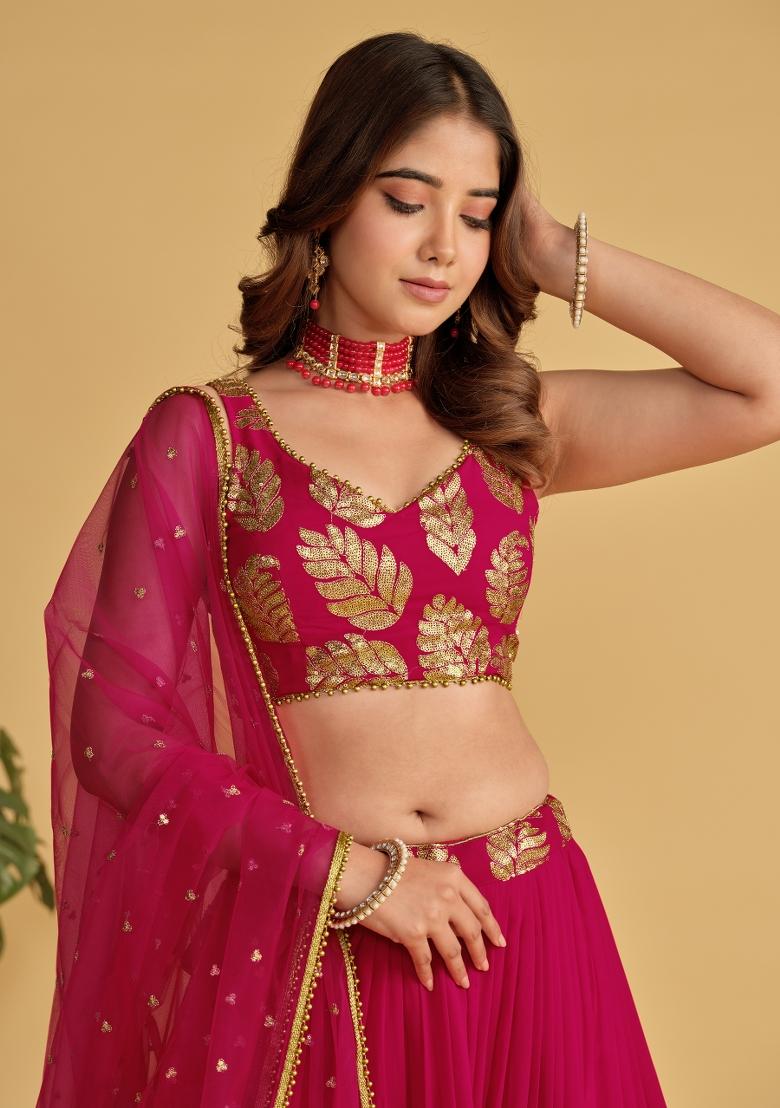 Pink Embroidered Georgette Lehenga Choli Set - Indya