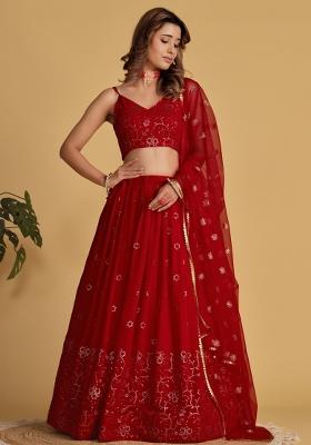 Red Embroidered Georgette Lehenga Choli Set