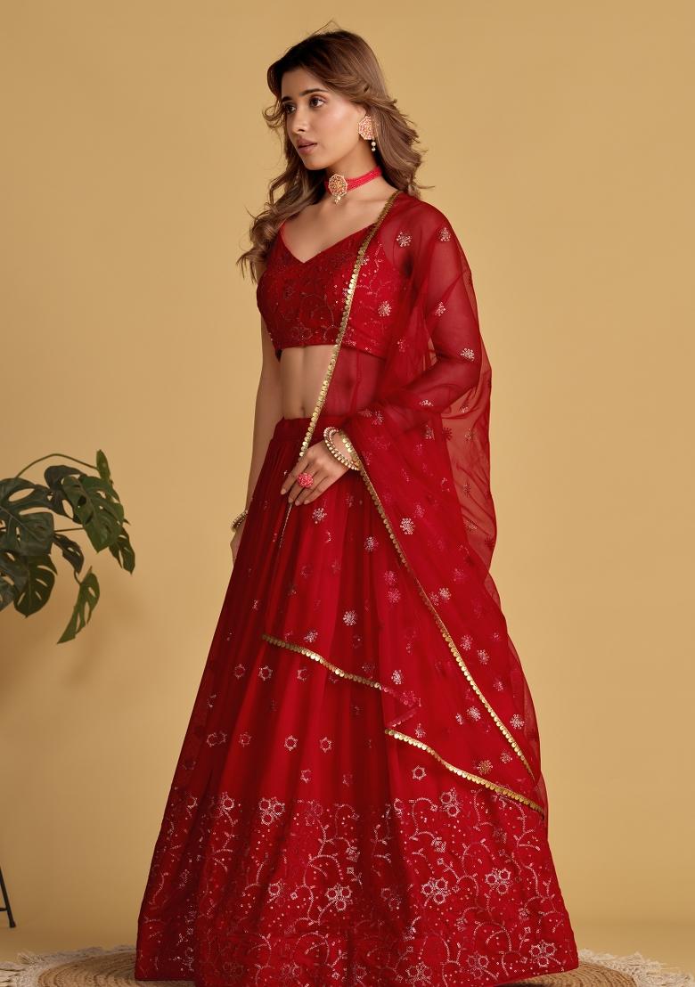 Red Embroidered Georgette Lehenga Choli Set - Indya