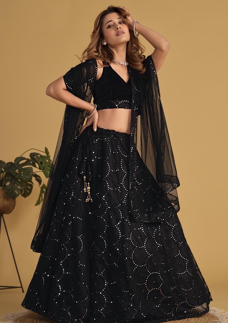 Black Embroidered Velvet Lehenga Choli Set - Indya