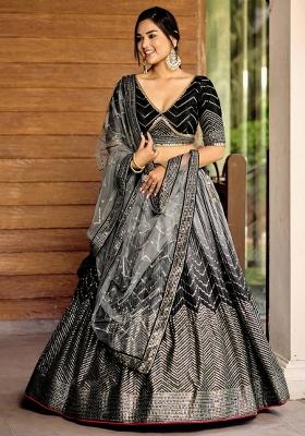 Black Embroidered Chinon Lehenga Choli Set