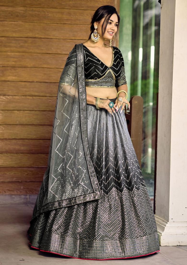 Black Embroidered Chinon Lehenga Choli Set - Indya