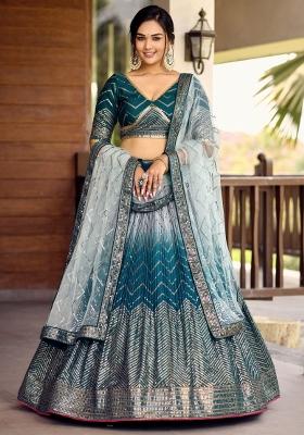 Blue Embroidered Chinon Lehenga Choli Set