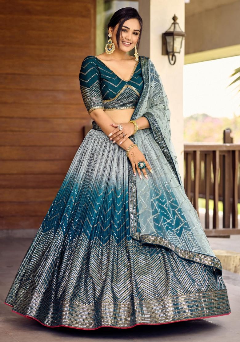 Blue Embroidered Chinon Lehenga Choli Set - Indya